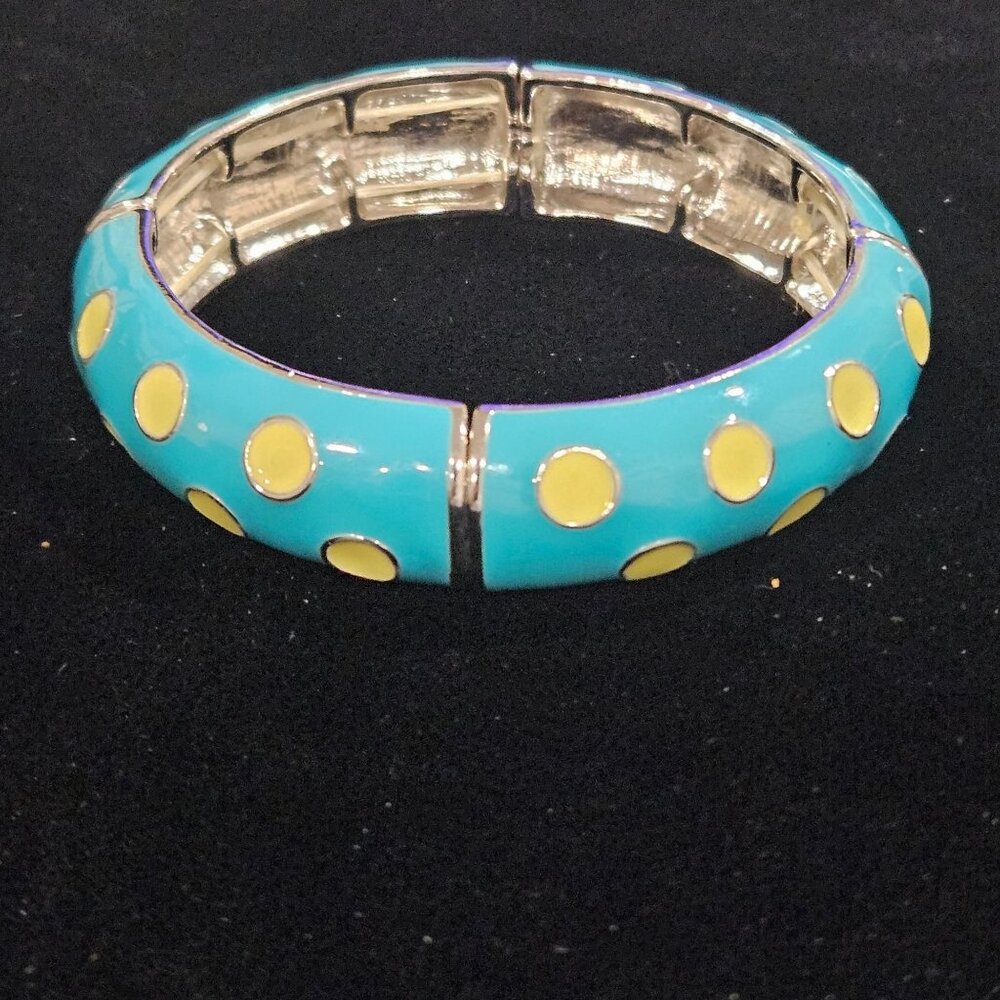 Polka Dot Turquoise Yellow Enamel Stretch Bracelet Size 7 Fun Retro Style Jewelr